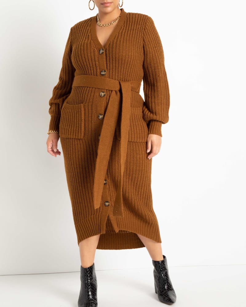 Front of a model wearing a size 14/16 Payton Belted Cardigan Sweater Dress in Monk's Robe by ELOQUII. | dia_product_style_image_id:236275